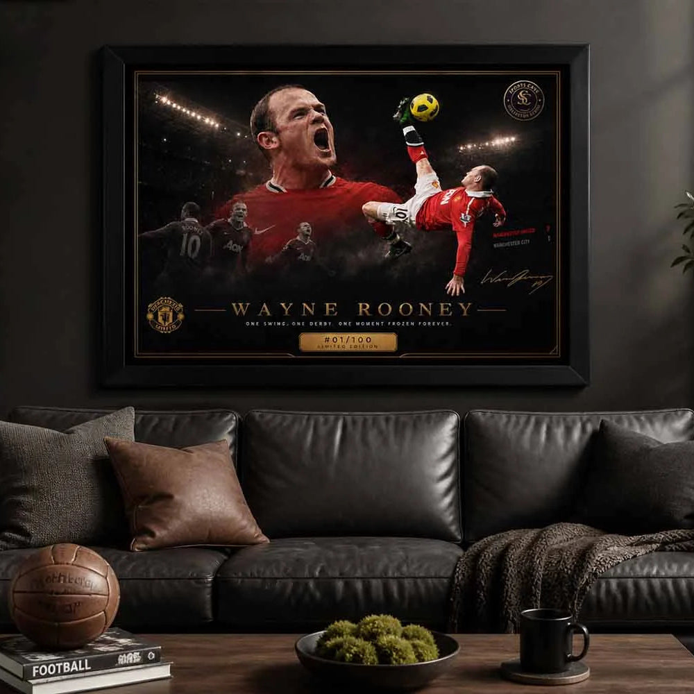Wayne Rooney framed print on modern wall, bold football moment displayed, man cave wall décor for soccer fans