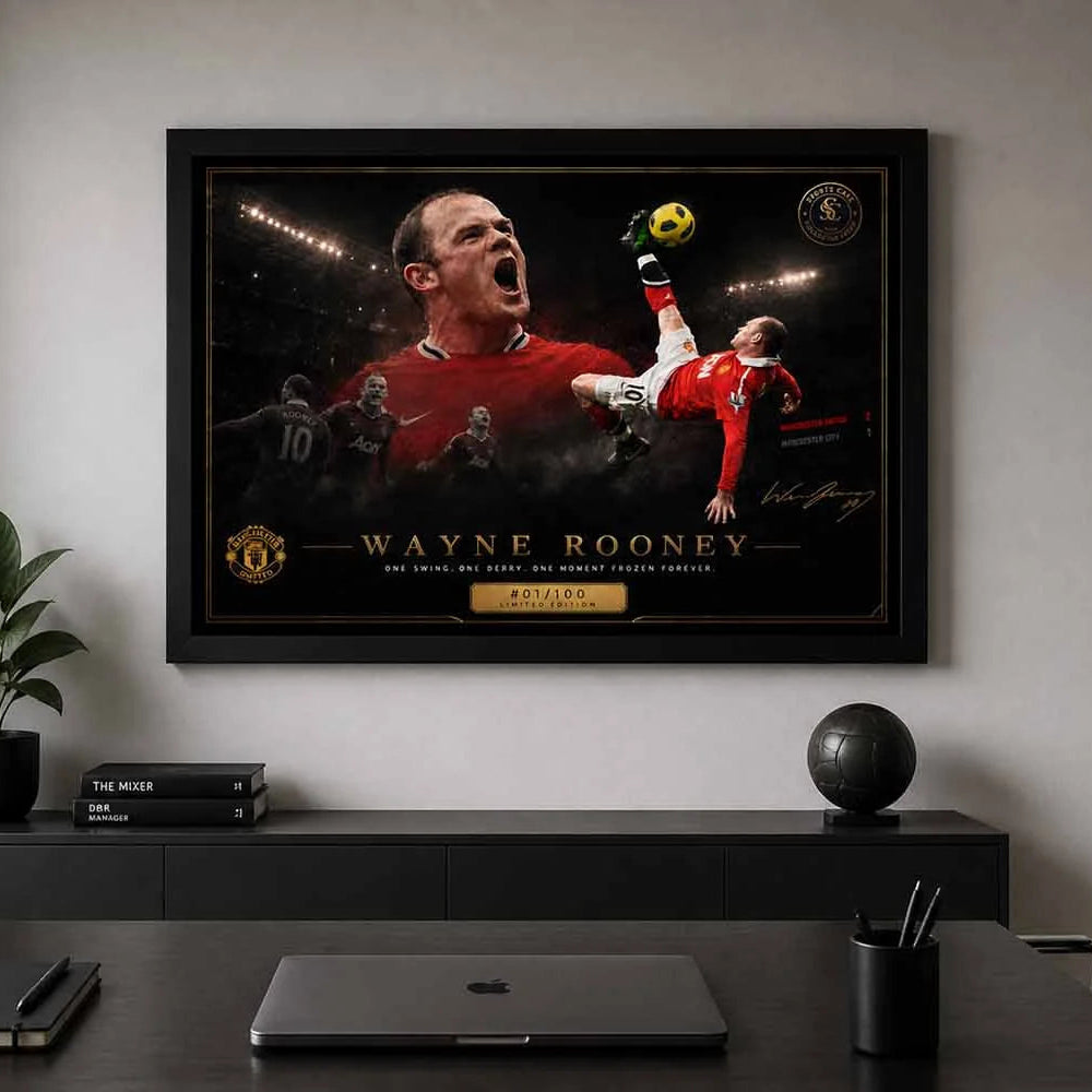Wayne Rooney framed artwork in minimal office setup, iconic derby goal scene, sports wall art for workspace inspiration
