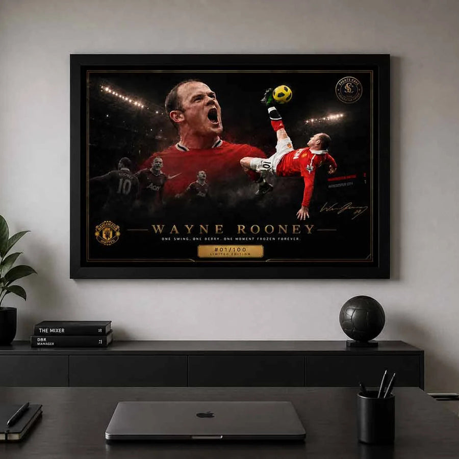 Wayne Rooney framed artwork in minimal office setup, iconic derby goal scene, sports wall art for workspace inspiration