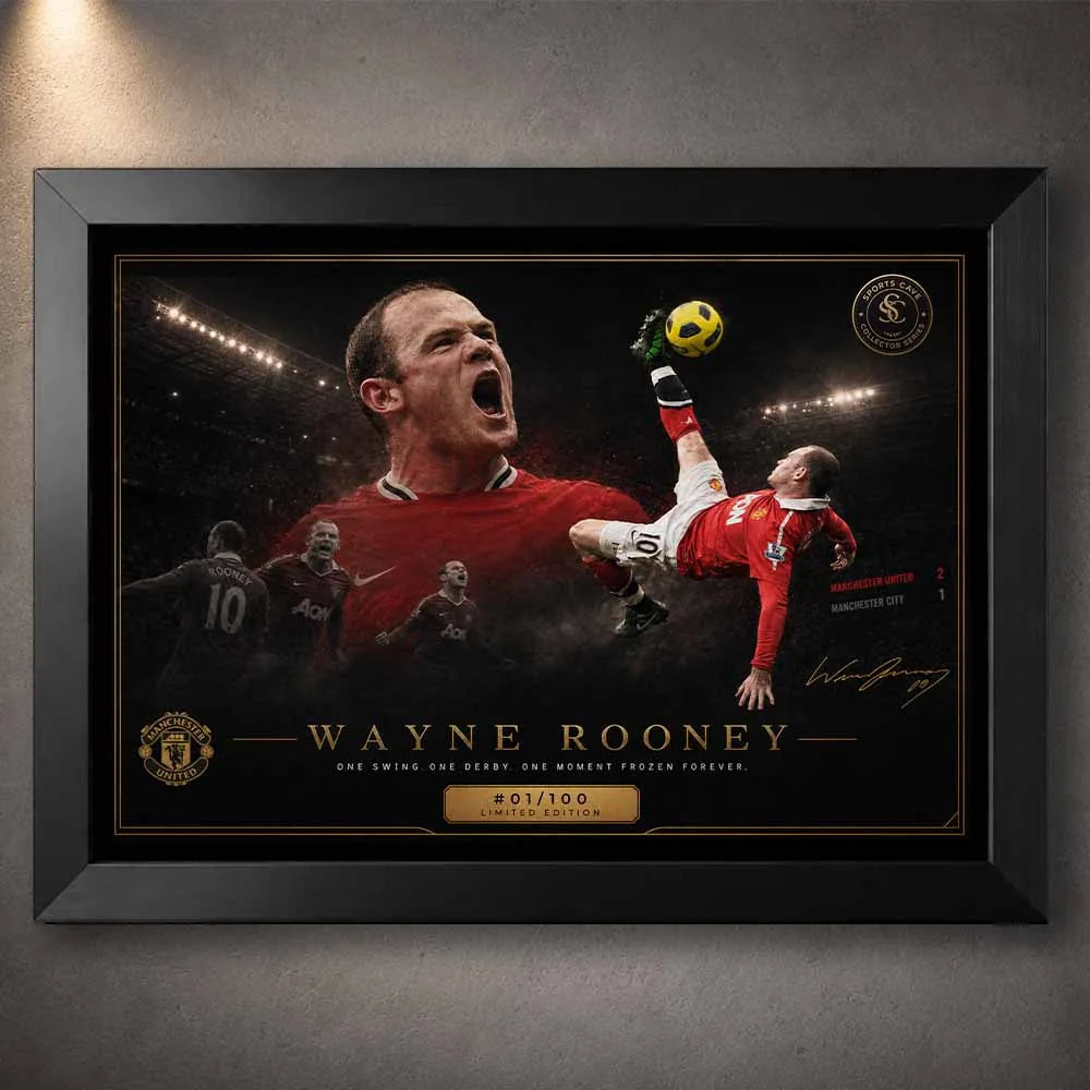 Wayne Rooney bicycle kick artwork in black frame, dramatic stadium scene, premium sports collectibles for football fans