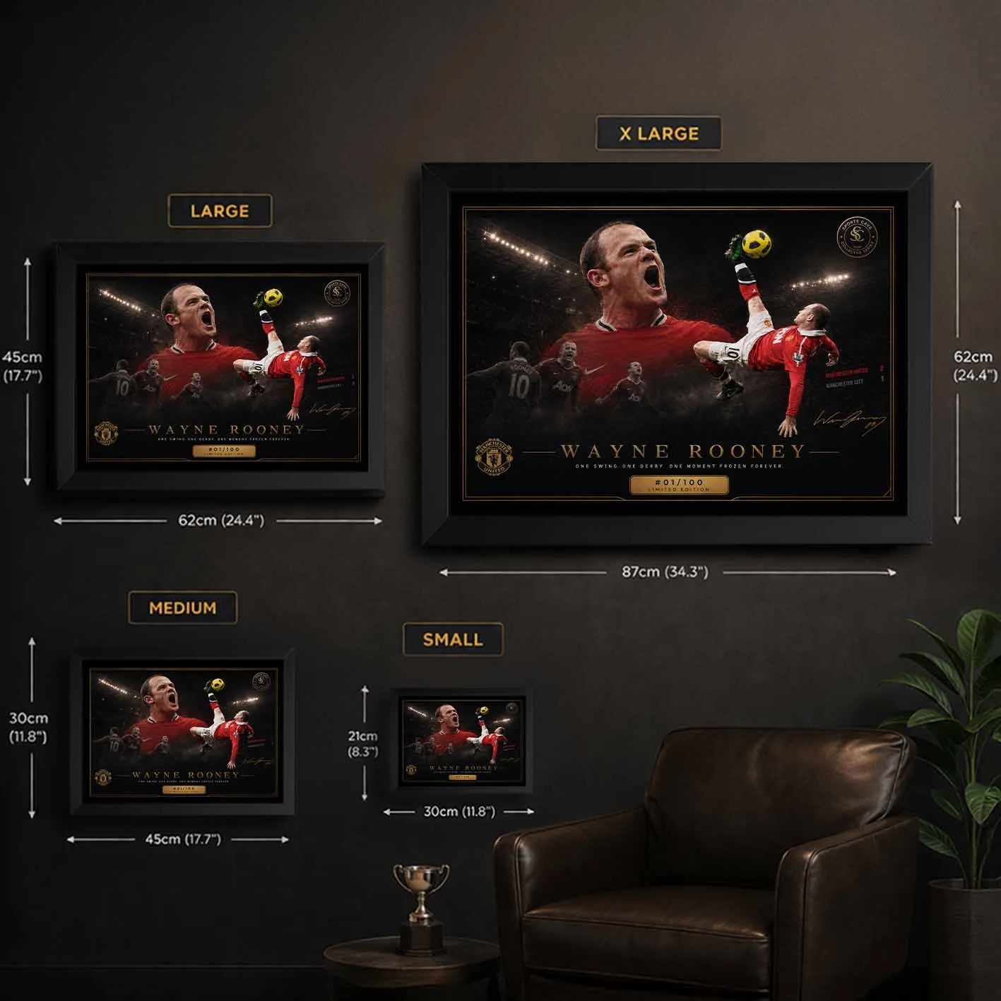 Wayne Rooney size guide showing multiple frame dimensions, football artwork scaling, framed sports memorabilia overview