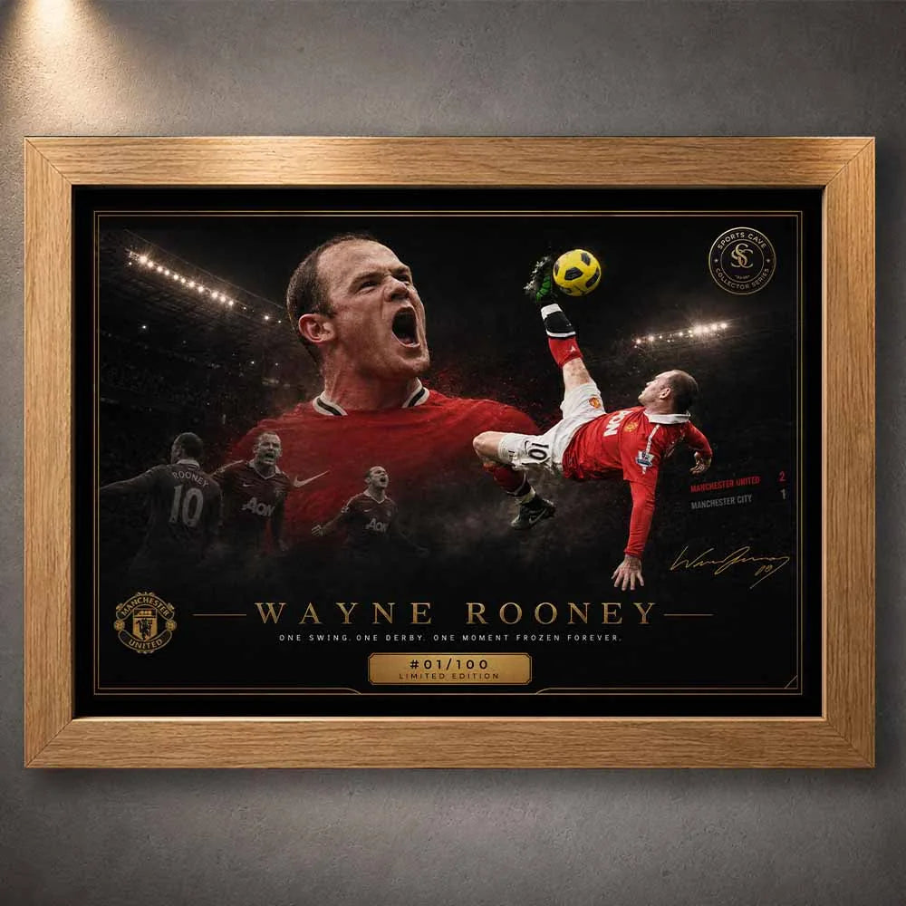 Wayne Rooney iconic goal artwork in oak frame, Manchester United legend captured, framed sports art for collectors