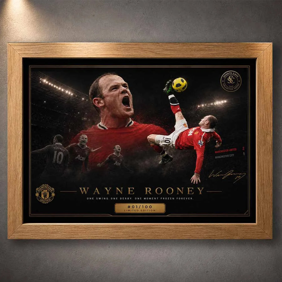 Wayne Rooney iconic goal artwork in oak frame, Manchester United legend captured, framed sports art for collectors