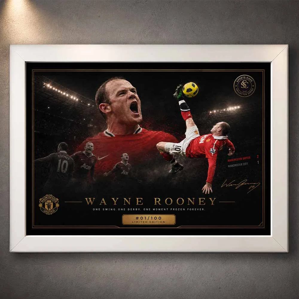 Wayne Rooney framed print in white frame, legendary overhead kick moment, limited edition sports prints for fans