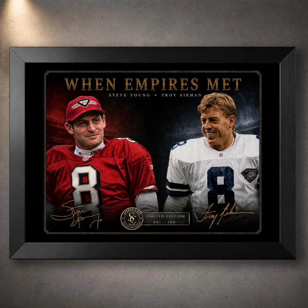 Black framed When Empires Met NFL wall art featuring Steve Young and Troy Aikman for football collectors.