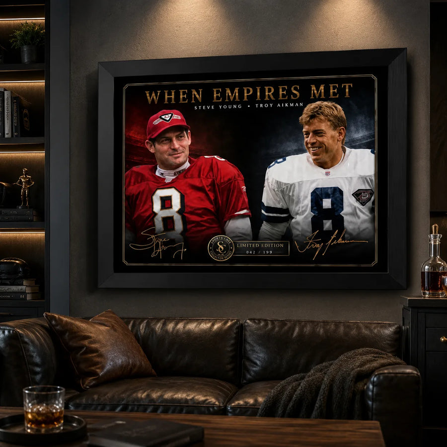Steve Young and Troy Aikman NFL wall art in a dark man cave with leather seating and warm display lighting.