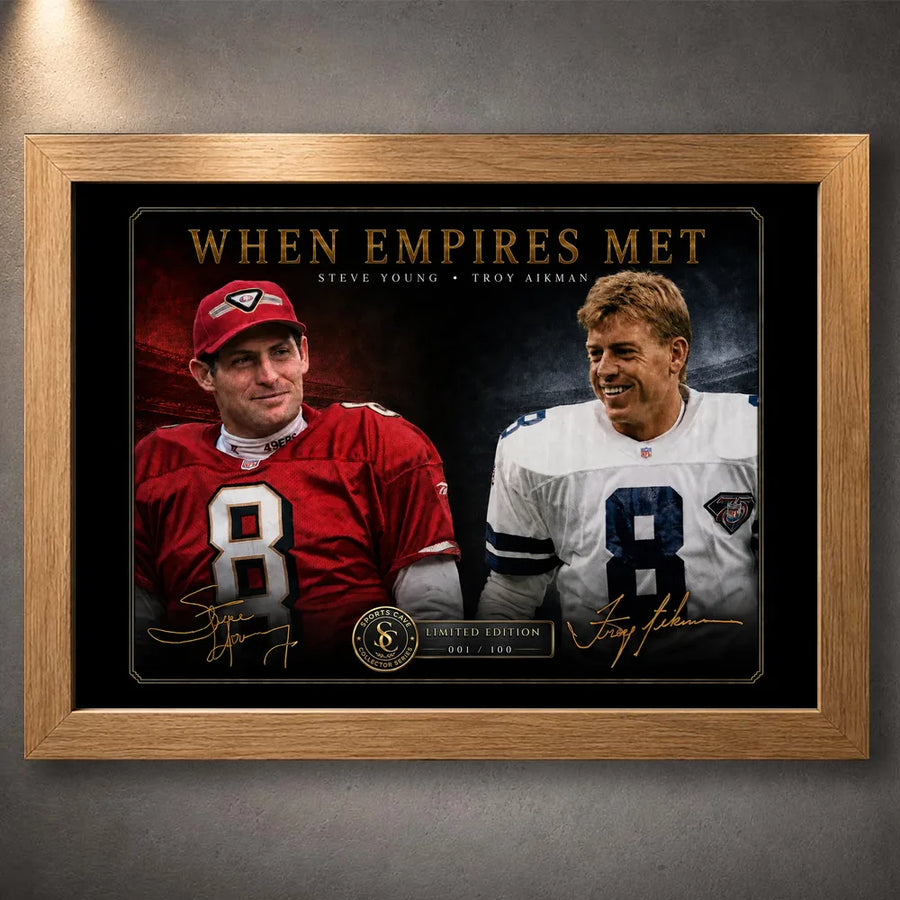 Oak framed When Empires Met wall art featuring Steve Young and Troy Aikman against a dark display wall.