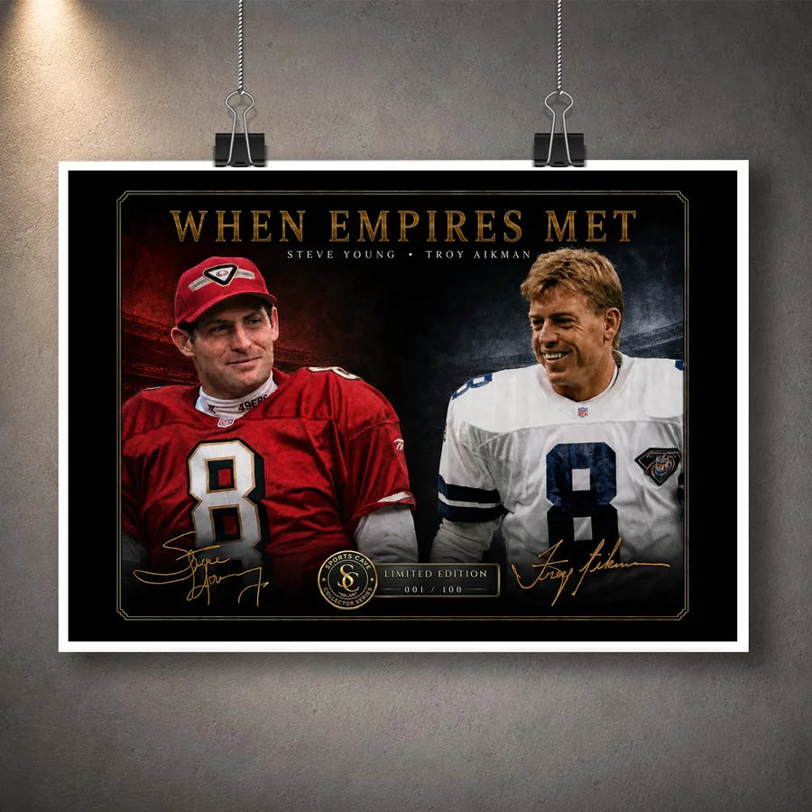 Unframed When Empires Met NFL wall art featuring Steve Young and Troy Aikman, shown clipped against a grey wall.