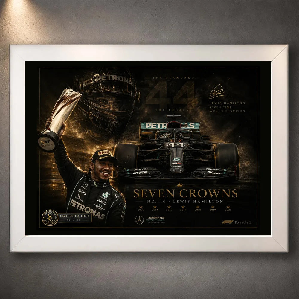 White framed Seven Crowns motorsport wall art featuring the No. 44 car, trophy lift and dark collector artwork.
