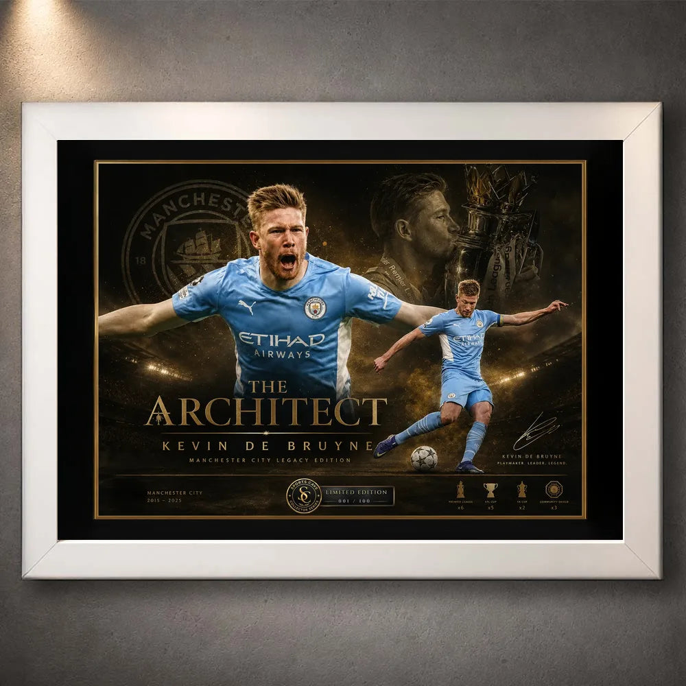 Kevin De Bruyne Manchester City soccer wall art in a white frame with black mat border.