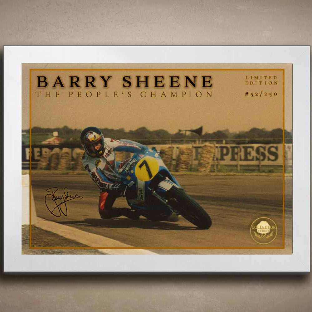 Framed sports memorabilia of Barry Sheene in white finish—timeless wall art capturing the People’s Champion in a collectible racing moment.
