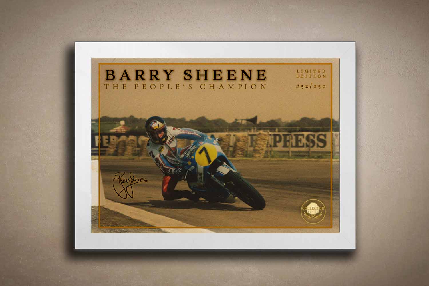 Framed sports memorabilia of Barry Sheene in white finish—timeless wall art capturing the People’s Champion in a collectible racing moment.