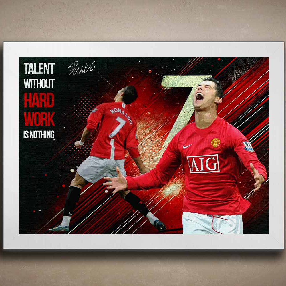 Motivational Cristiano Ronaldo sports art in a sleek white frame, a clean and bold statement piece for any framed sports memorabilia setup.