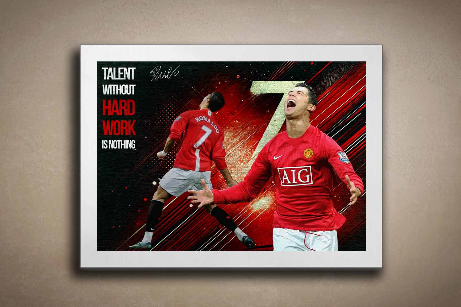Motivational Cristiano Ronaldo sports art in a sleek white frame, a clean and bold statement piece for any framed sports memorabilia setup.