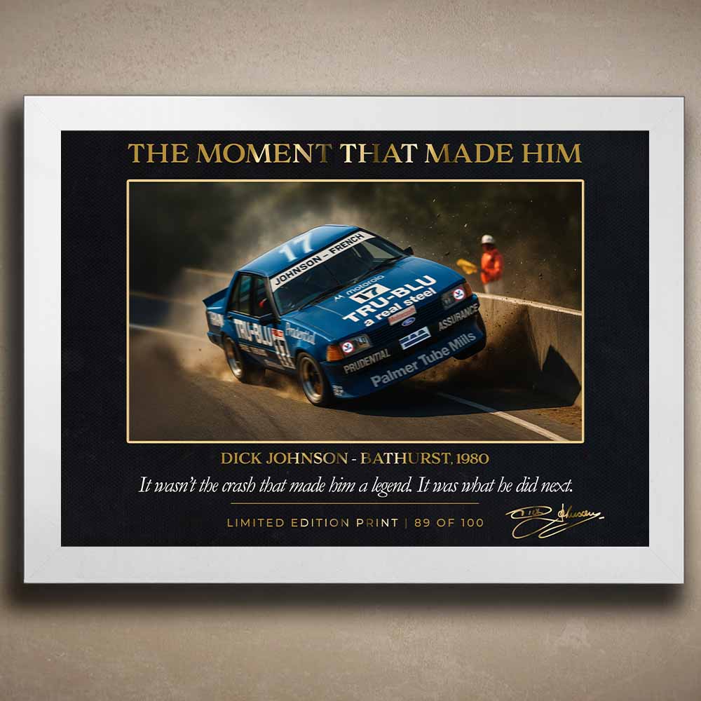 White-framed Dick Johnson Bathurst 1980 crash artwork — limited edition sports wall art celebrating an iconic moment in Australian motorsport, ideal for collectors and man cave décor.