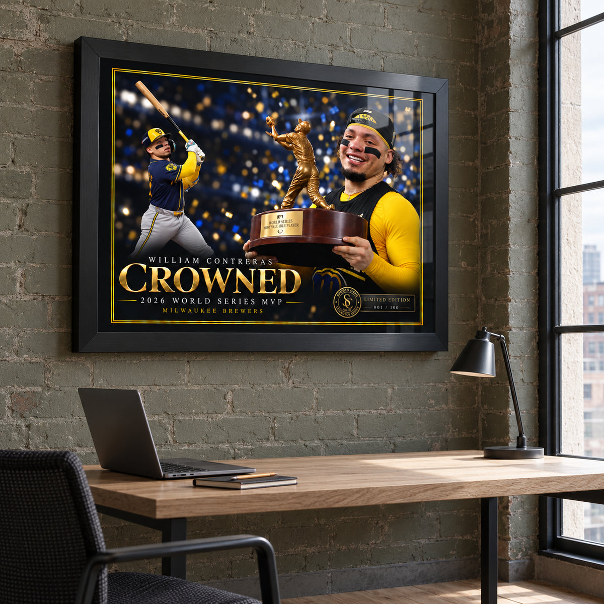 William Contreras Crowned baseball edition in a black frame on an olive brick wall above a home office desk.