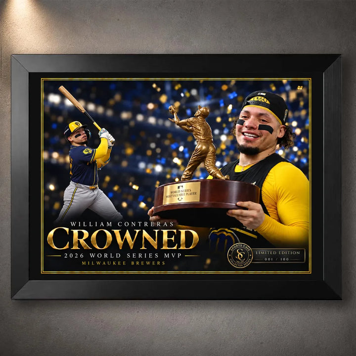 William Contreras Crowned baseball wall art in a black frame, with a batting scene and a portrait holding a trophy.