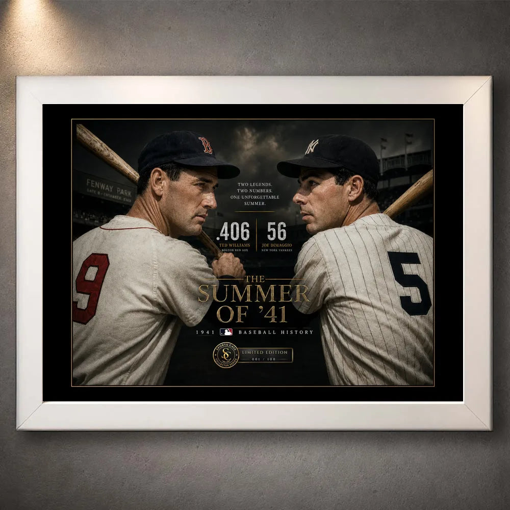White framed Williams vs DiMaggio baseball wall art featuring The Summer of ’41 design.