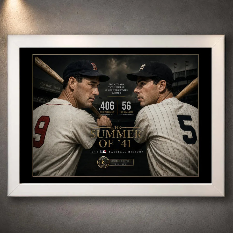 White framed Williams vs DiMaggio baseball wall art featuring The Summer of ’41 design.