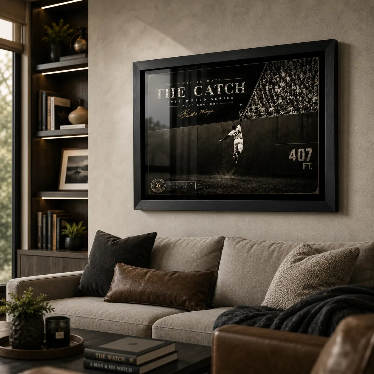 Willie Mays The Catch framed baseball wall art displayed in a premium living room with warm timber shelving.
