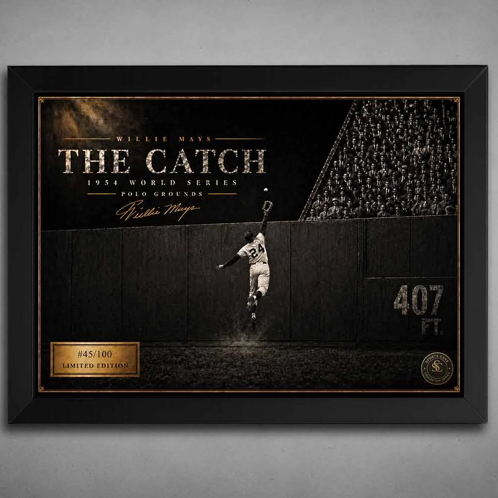 Black framed Willie Mays The Catch baseball sports wall art with vintage Polo Grounds detail and limited edition plaque.