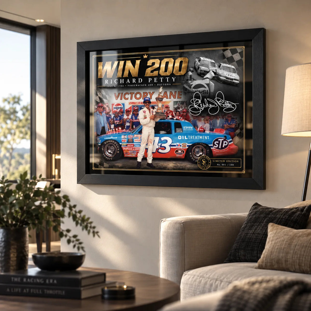 Richard Petty Win 200 wall art displayed in a contemporary living room with a black frame.