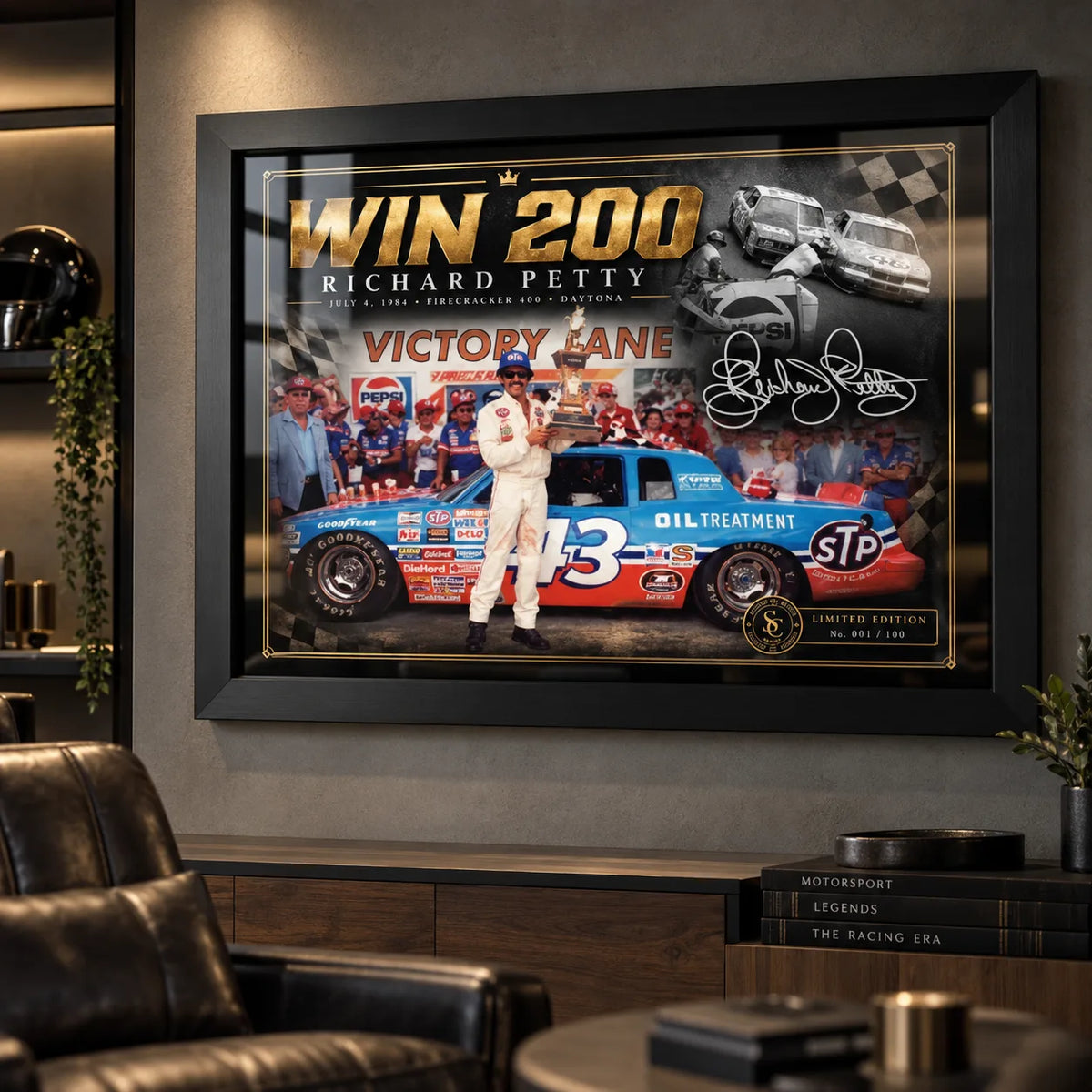 Richard Petty Win 200 wall art displayed in a dark motorsport man cave with black framing.