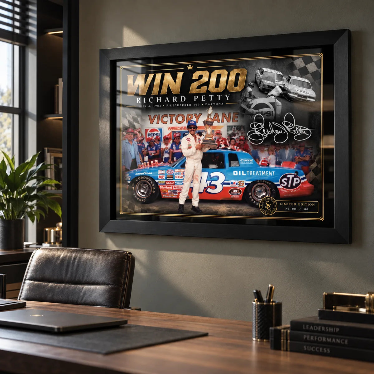 Richard Petty Win 200 wall art displayed in a modern office with a black frame and racing-inspired styling.