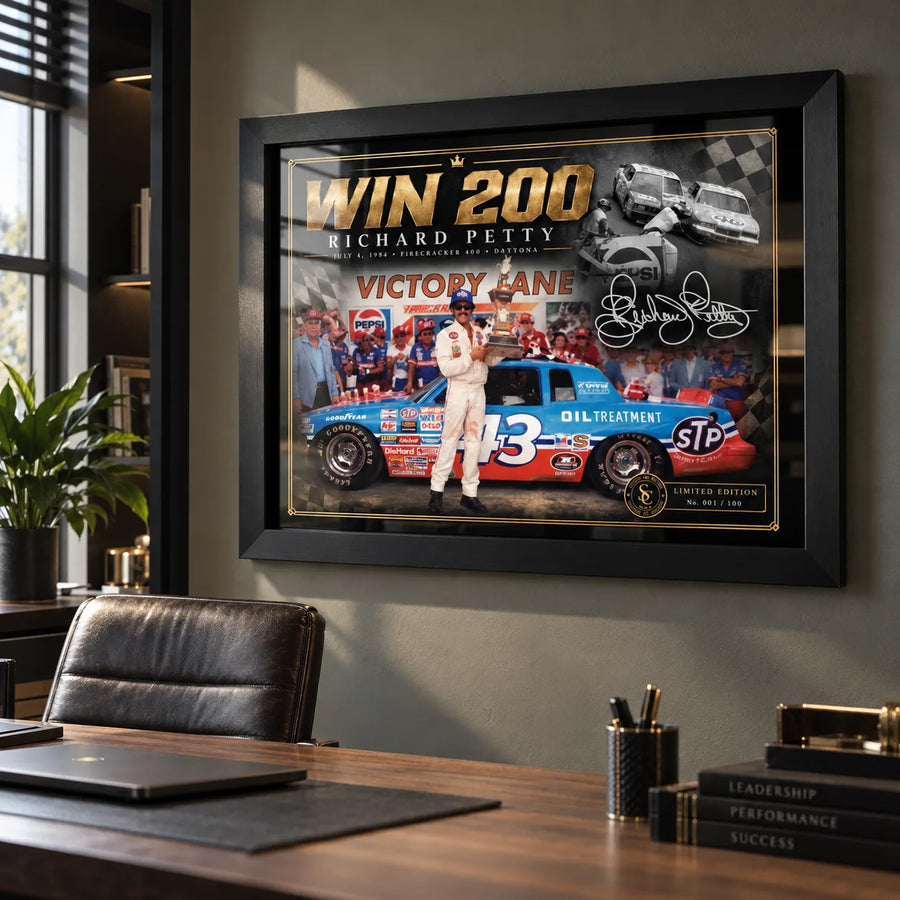 Richard Petty Win 200 wall art displayed in a modern office with a black frame and racing-inspired styling.