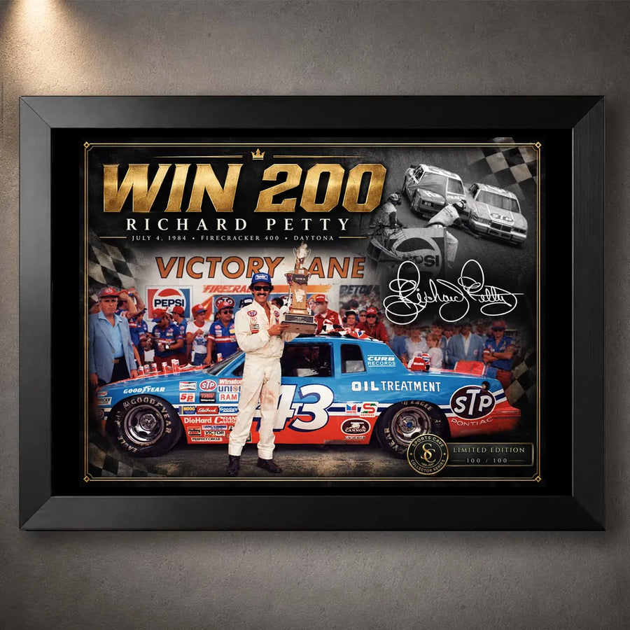 Black framed Richard Petty wall art featuring the Win 200 NASCAR tribute for motorsport collectors.