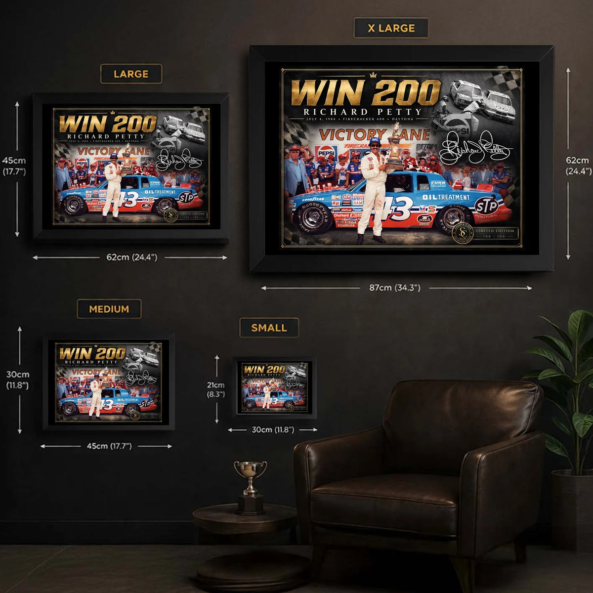 Richard Petty Win 200 wall art size guide showing Small, Medium, Large and X Large framed dimensions.