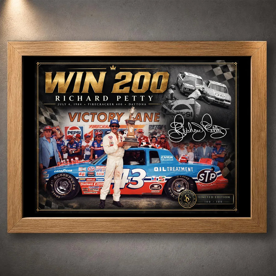 Oak framed Richard Petty wall art featuring the Win 200 NASCAR tribute for racing collectors.