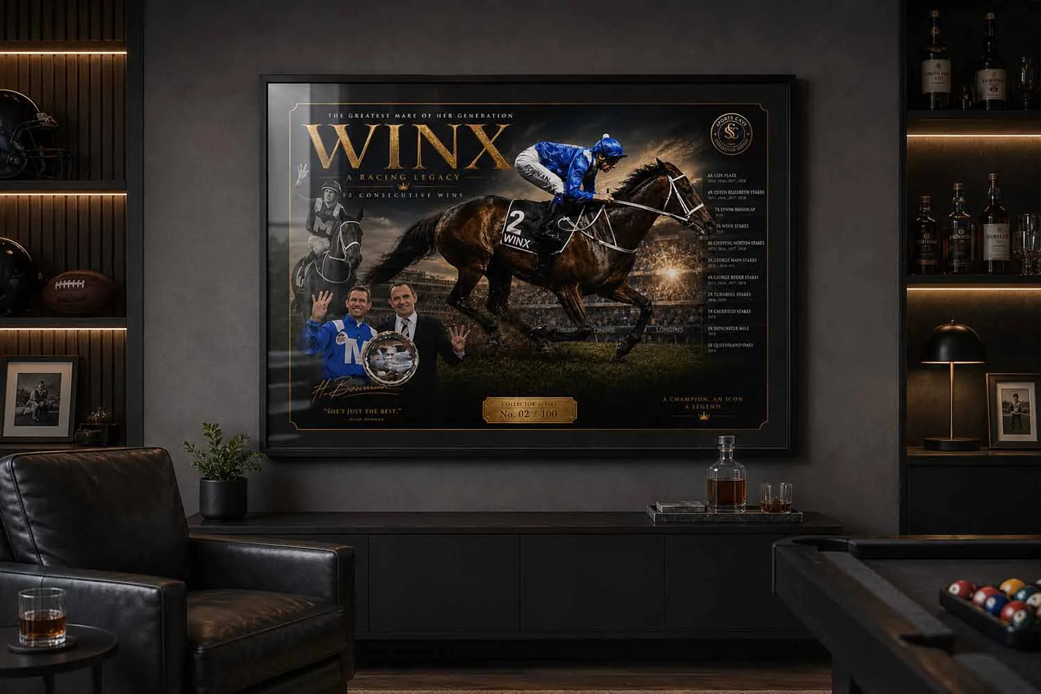 Winx framed sports wall art displayed in a luxury man cave with premium sports collectibles styling.