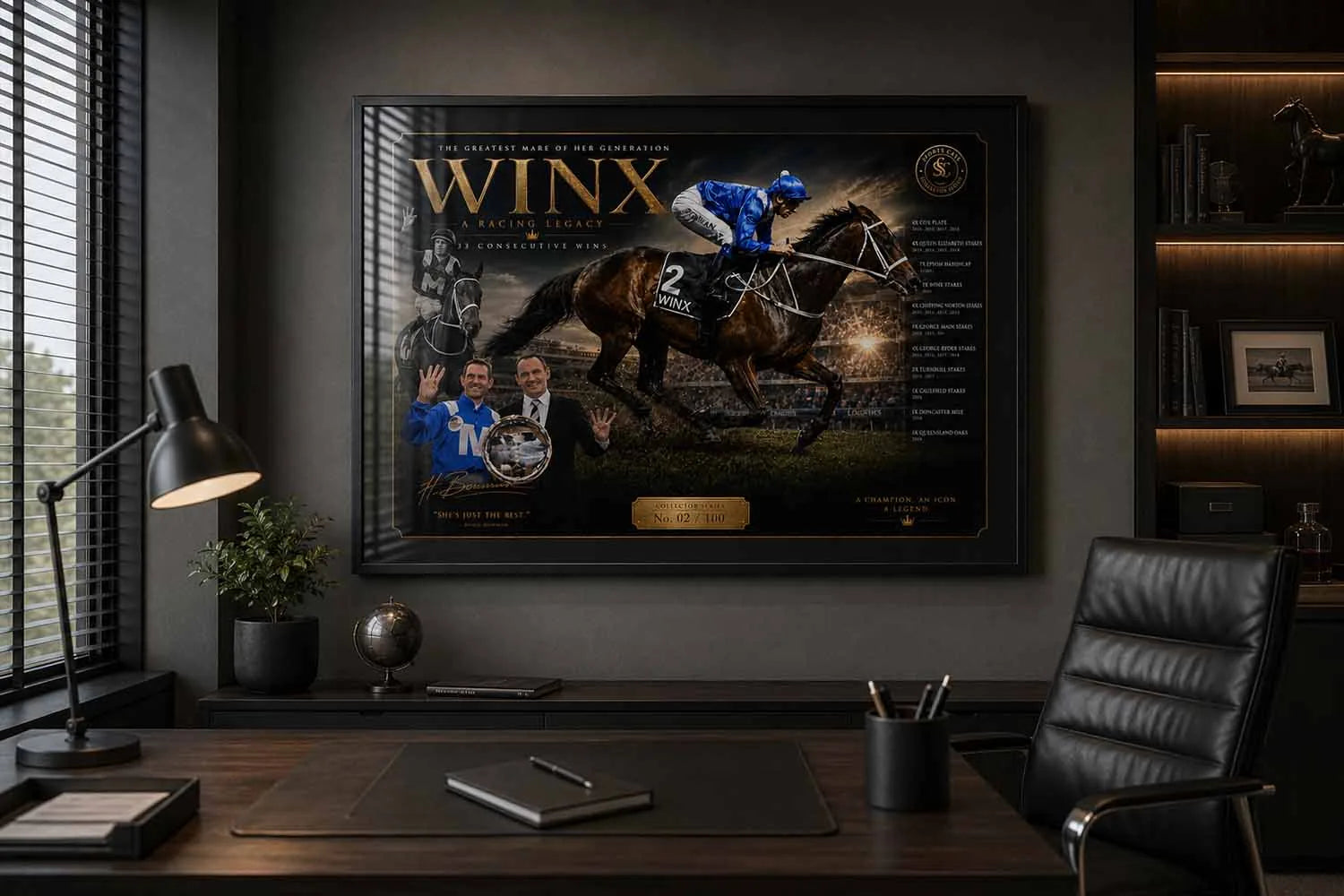 Winx horse racing framed sports art showcased in a modern office with elegant man cave wall décor.
