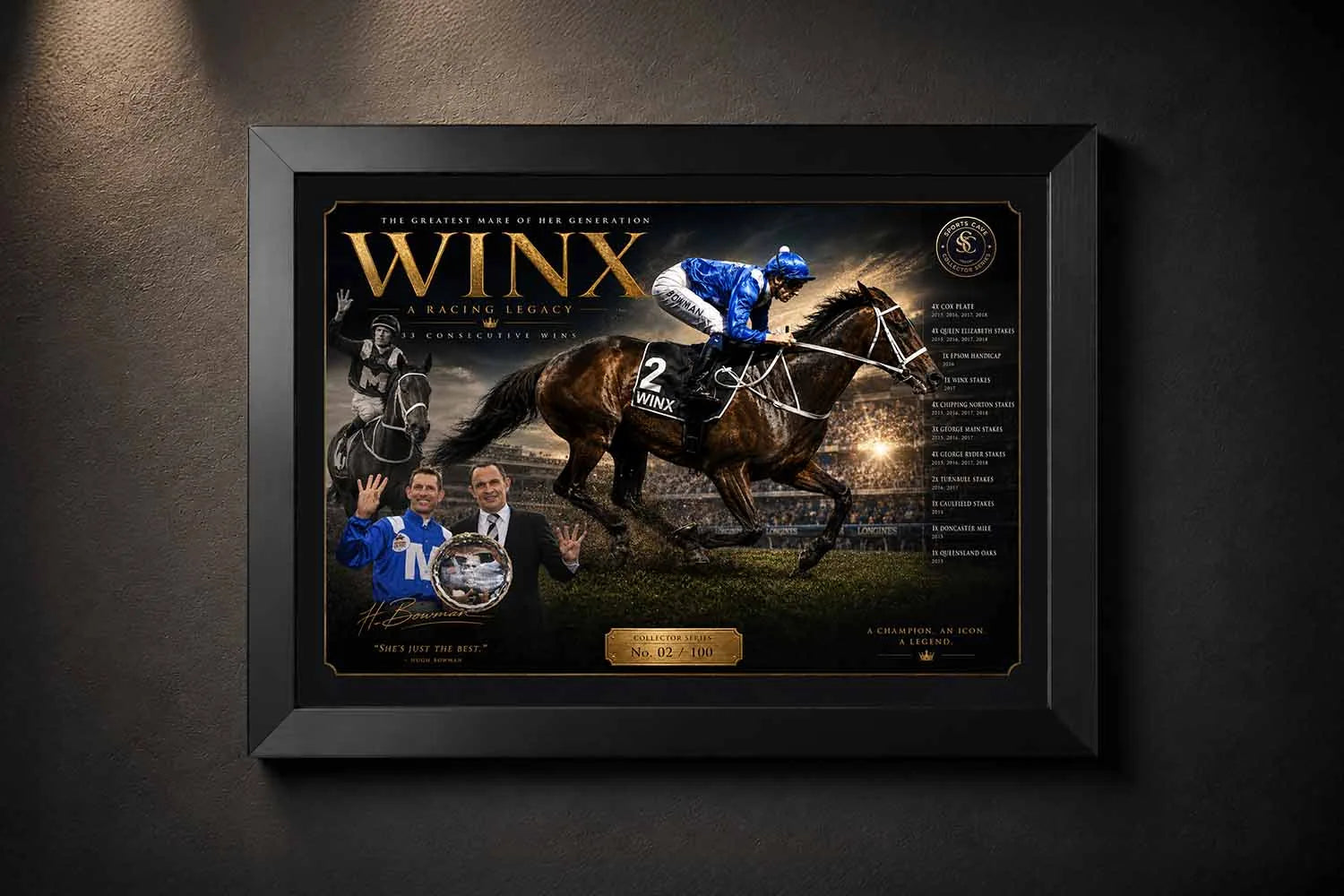 Black framed Winx horse racing sports wall art featuring the champion mare in a premium collectibles display.