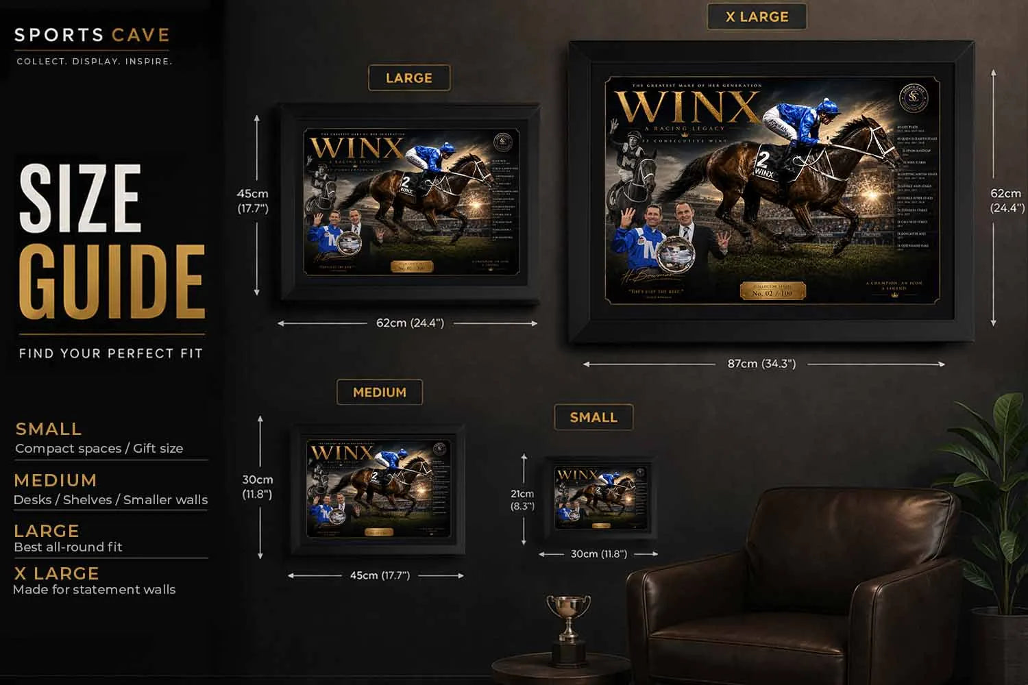 Winx framed sports wall art size guide showing small, medium, large and extra large display options.