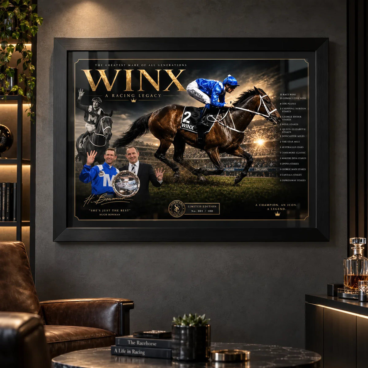 Winx black framed horse racing wall art displayed in a dark man cave with leather seating and collector-style décor.