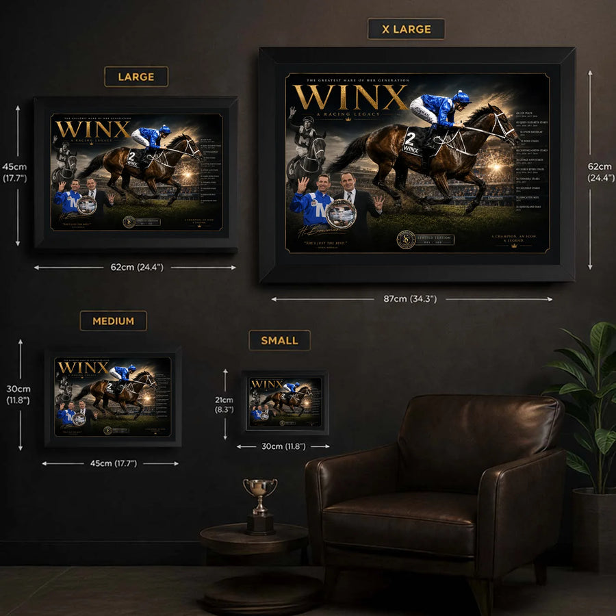 Winx framed horse racing wall art size guide showing Small, Medium, Large and X Large dimensions in centimetres and inches.