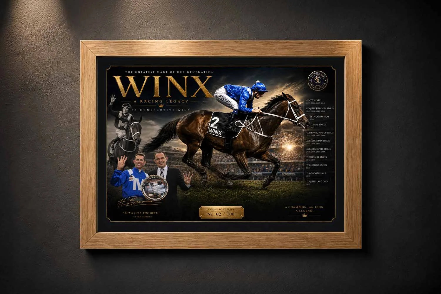 Oak framed Winx horse racing sports wall art featuring the legendary mare in premium collectible style.