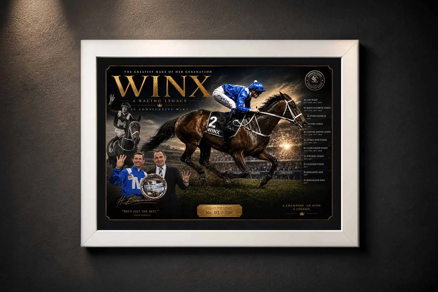 White framed Winx horse racing sports wall art featuring the legendary mare in premium collectible form.