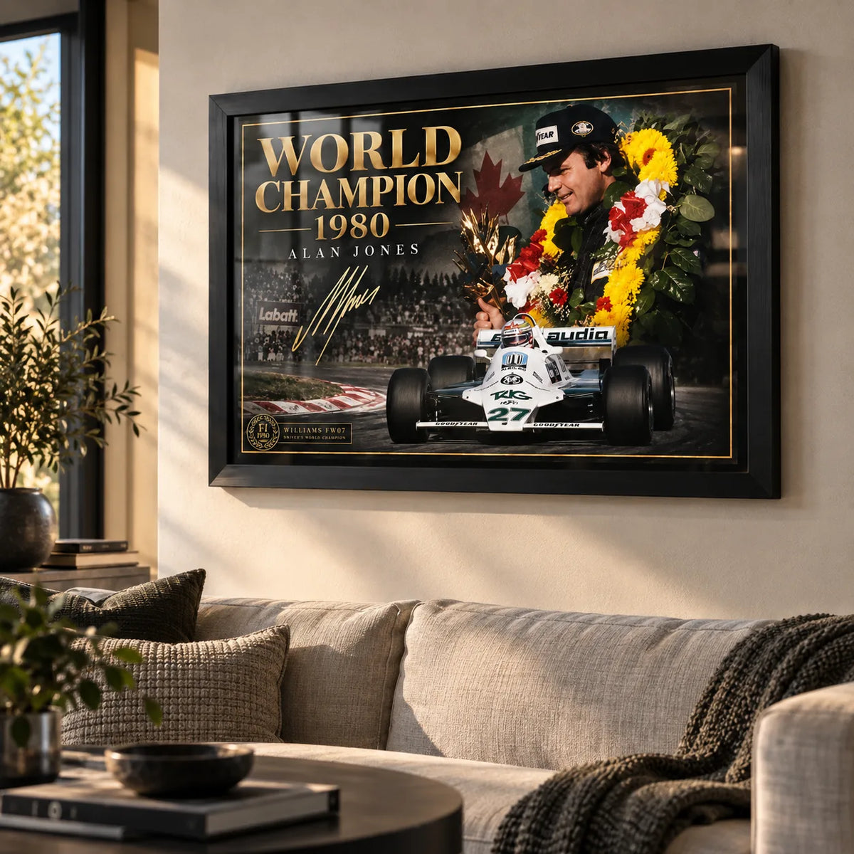 Alan Jones World Champion 1980 wall art displayed in a warm living room with a black frame.