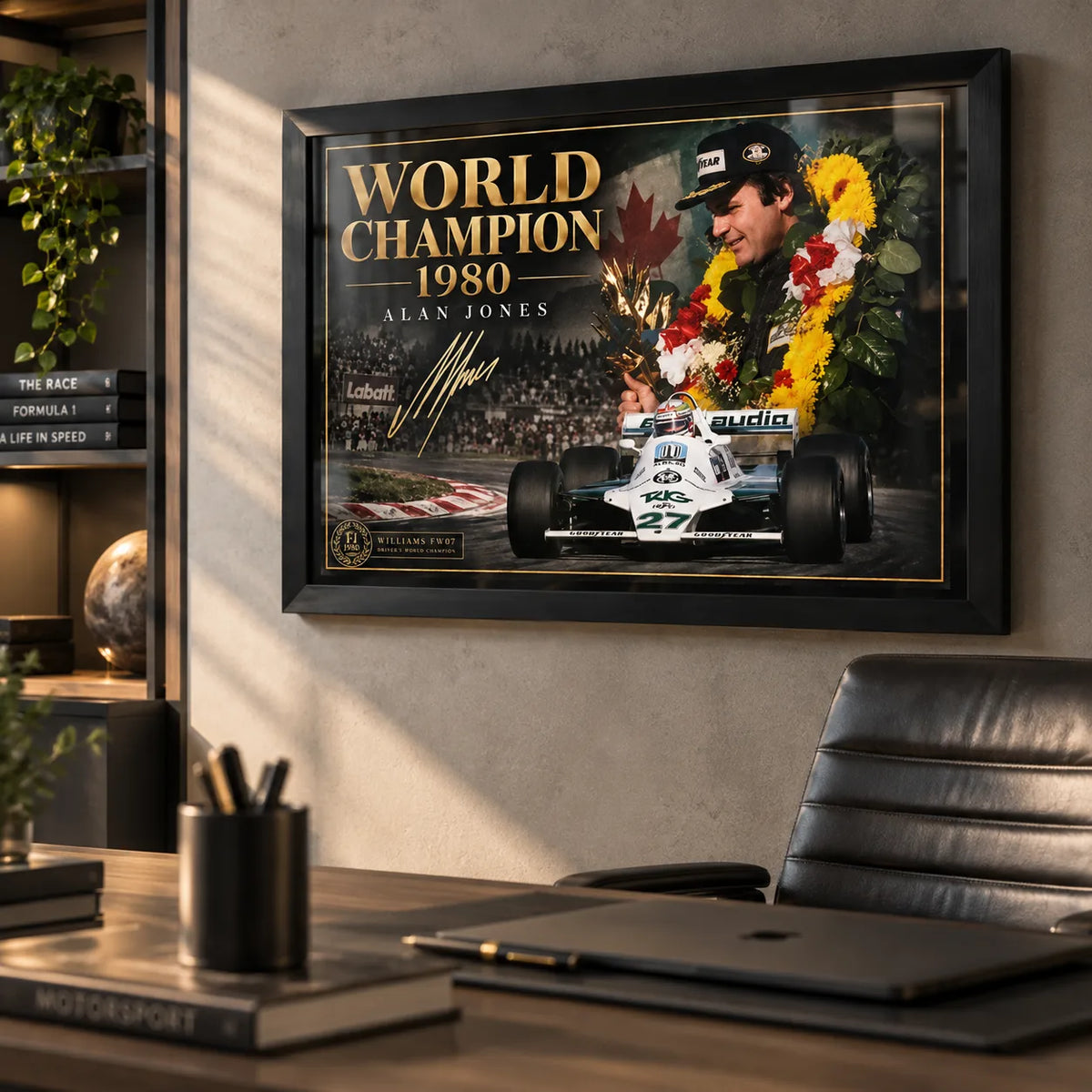 Alan Jones World Champion 1980 wall art displayed in a modern office with a black frame.