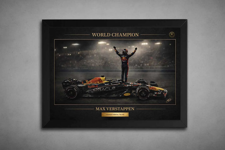 Max Verstappen World Champion artwork in sleek black frame, premium motorsports sports wall art display.