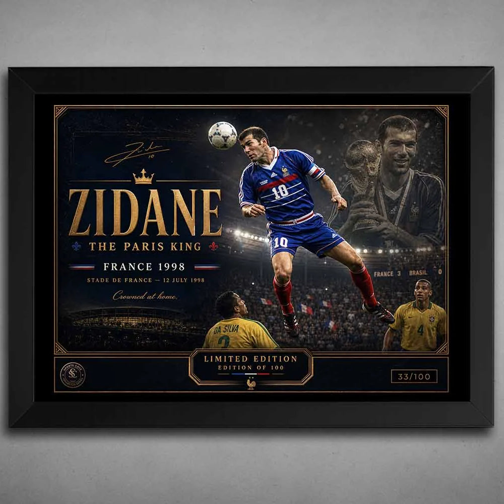 Black-framed Zinedine Zidane limited edition soccer artwork celebrating France 1998 victory and framed sports art.