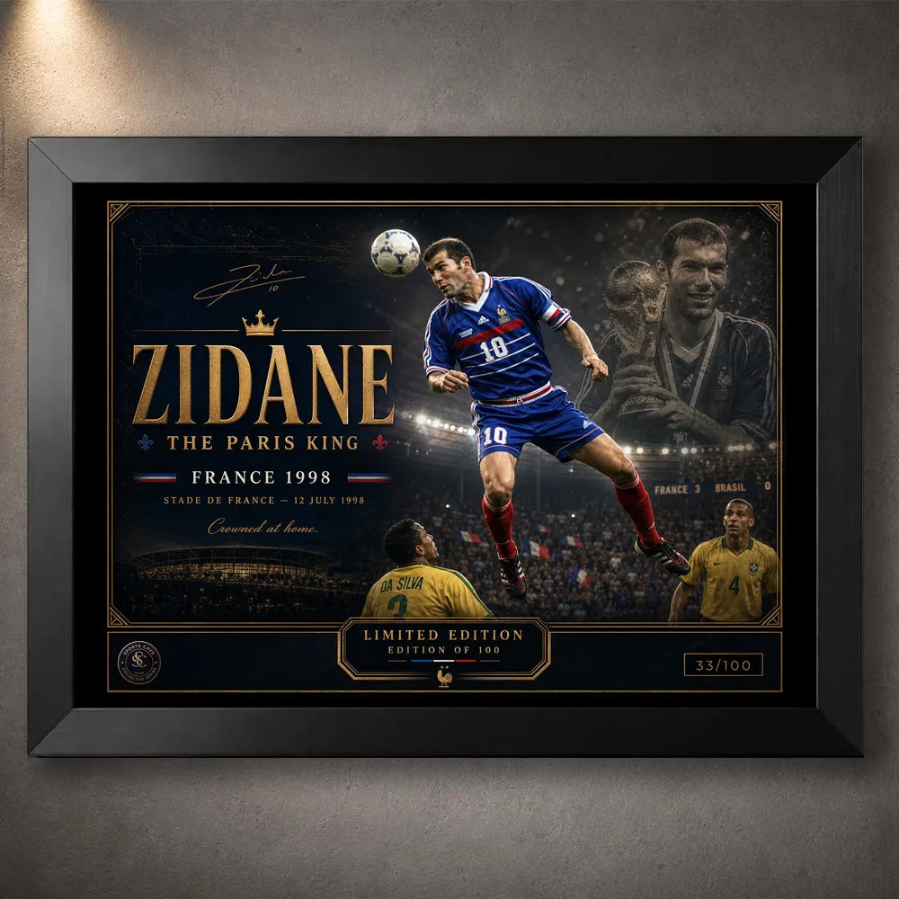 Black-framed Zinedine Zidane soccer wall art celebrating France 1998 in a premium collector-style design.