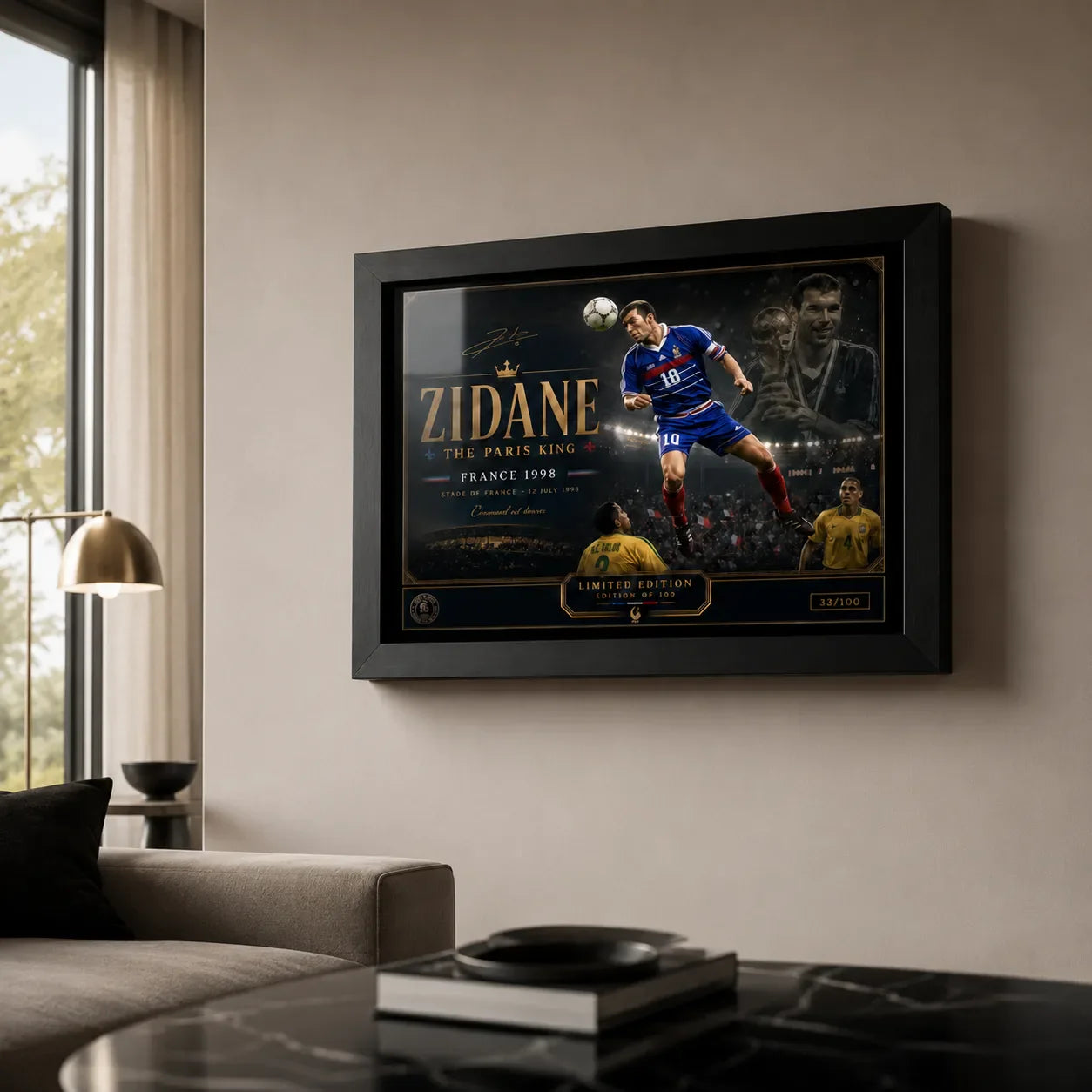 Zinedine Zidane soccer wall art displayed in a premium living room with a black frame and soft natural light.