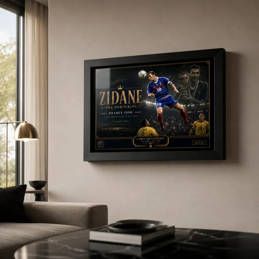 Zinedine Zidane soccer wall art displayed in a premium living room with a black frame and soft natural light.