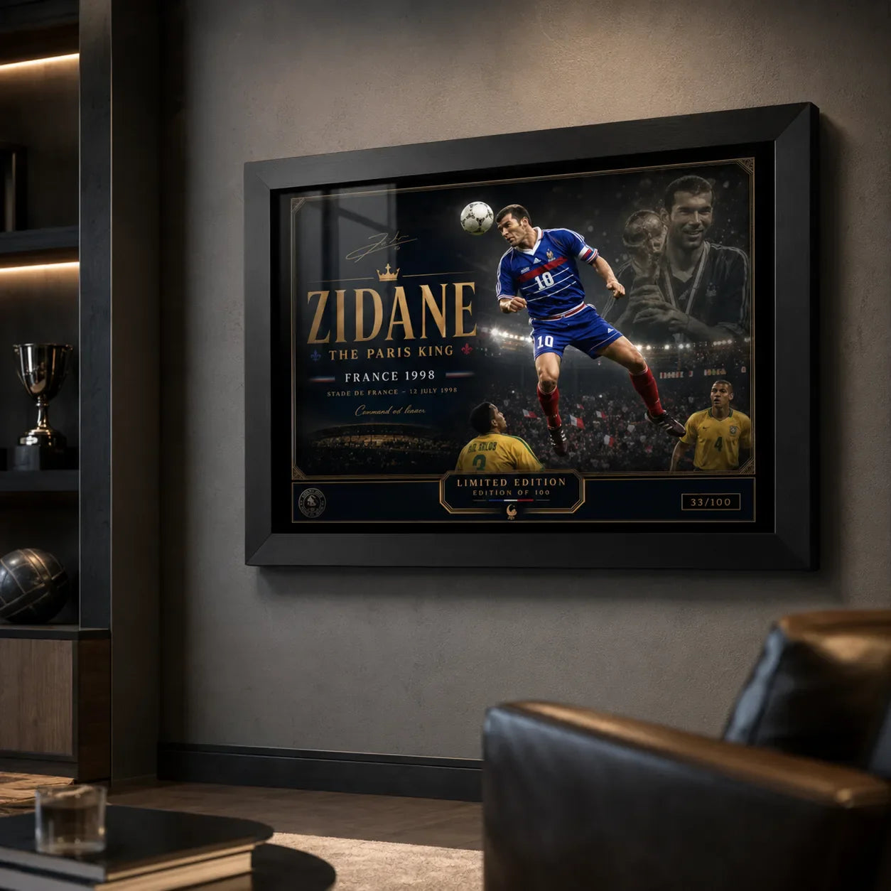 Zinedine Zidane framed sports memorabilia shown in a dark man cave setting with premium wall lighting.