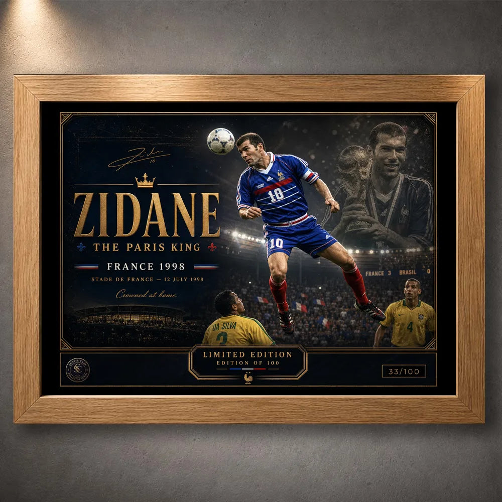 Oak-framed Zinedine Zidane soccer wall art featuring the France 1998 collector design on a grey wall.