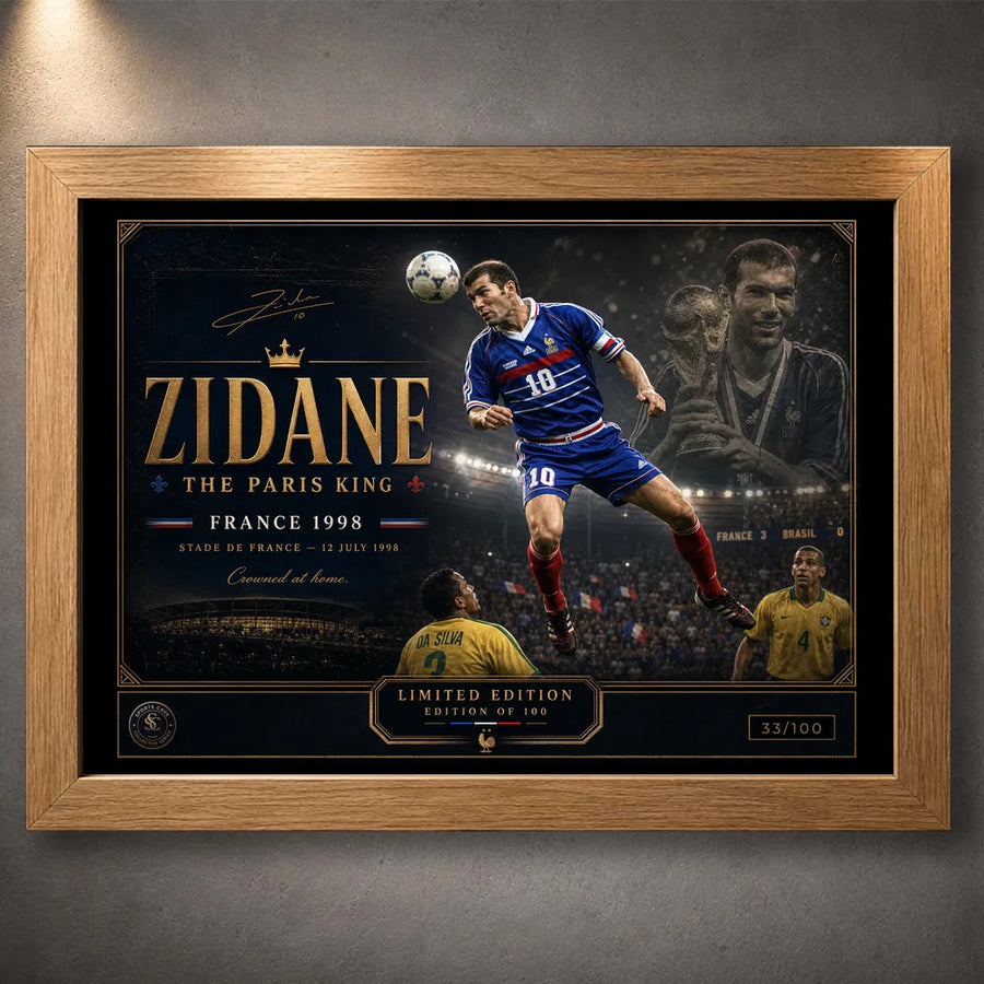 Oak-framed Zinedine Zidane soccer wall art featuring the France 1998 collector design on a grey wall.